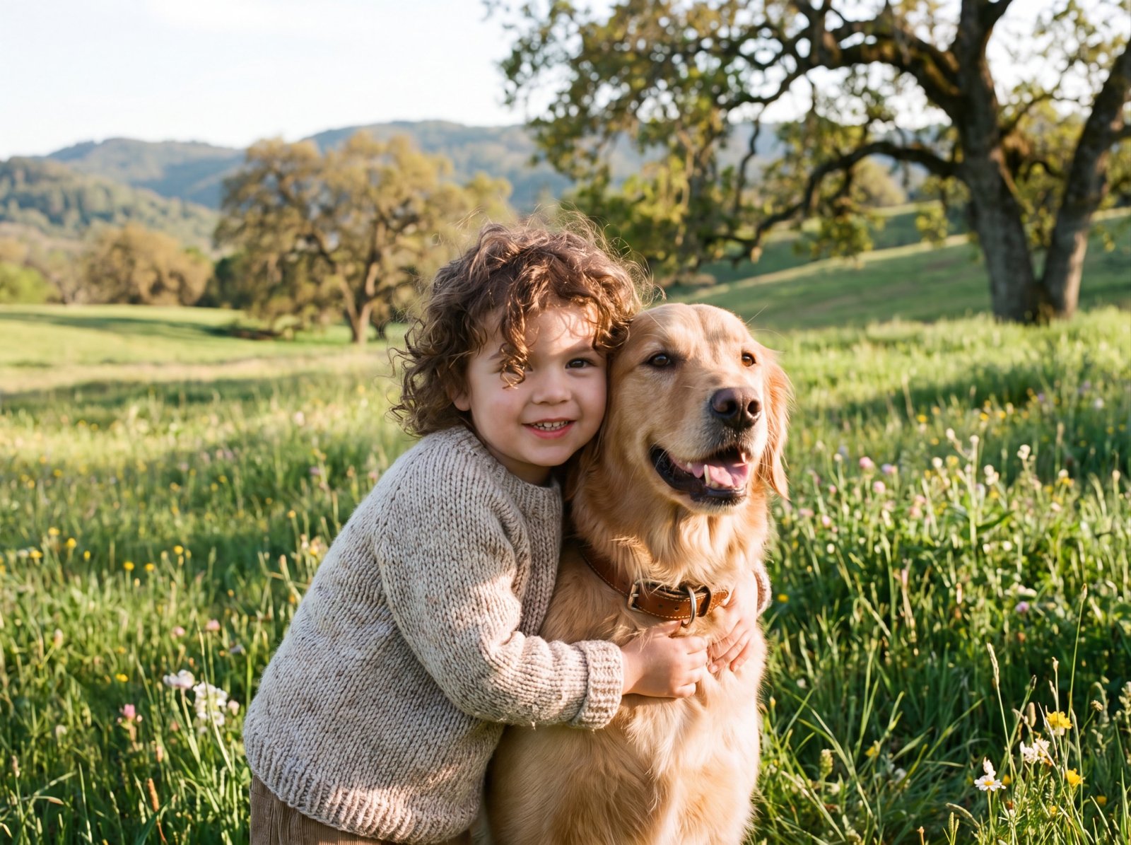 Criança abraçando um cachorro em um campo